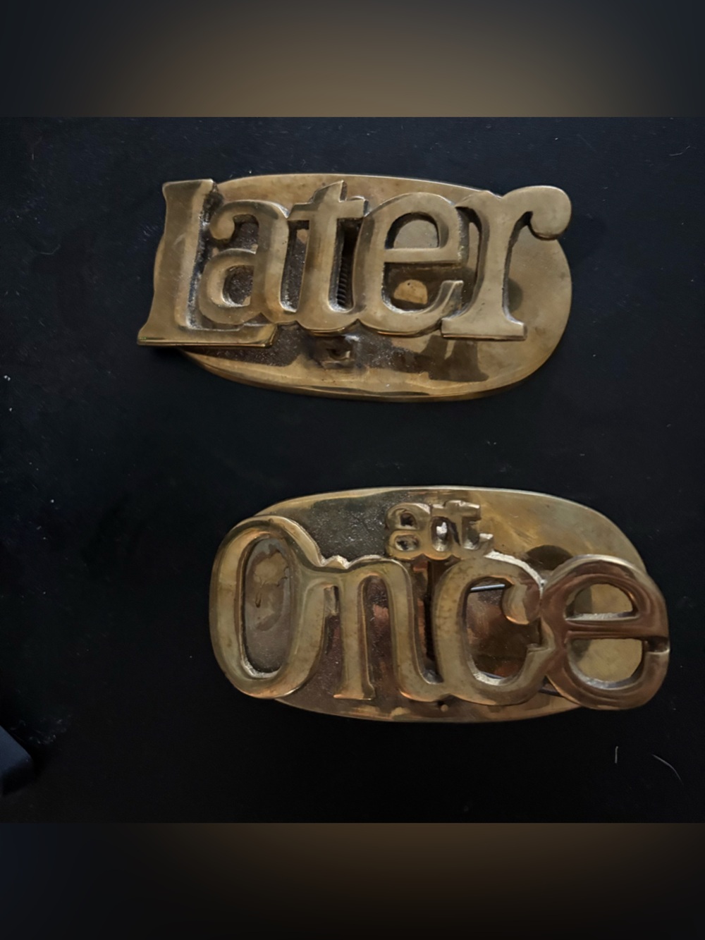 Vintage Brass 'Later' and 'Once' Decorative Clips - Polished Brass Finish